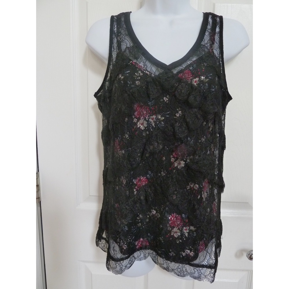 White House Black Market Floral Tank with Lace Topper Set Small Black Multicolor